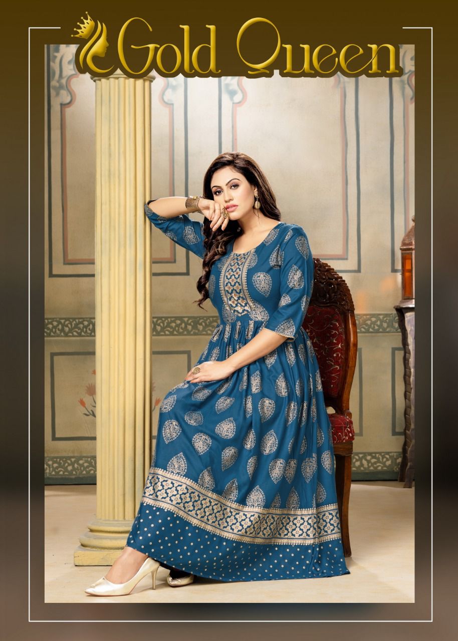 Mayra Gold Queen New Fancy Ethnic Wear Rayon Printed Long Anarkali Kurti Collection